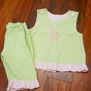 Girls Gingham Size 24 month 2T "K" monogram smock 2 Piece Green Pink Ruffles
